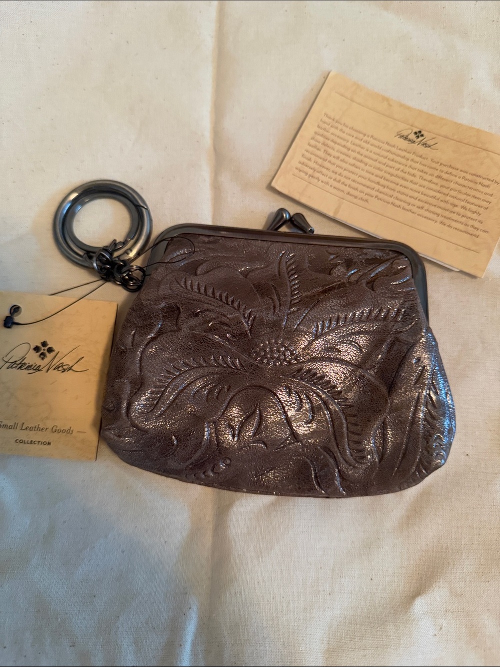 Patricia Nash Metallic Bronze Embossed Leather Coin Pouch with Keyring ✨NEW✨